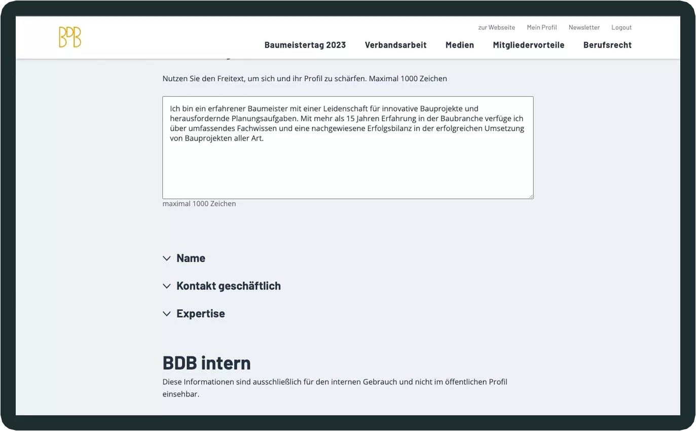 Website Auschnitt interner Bereich